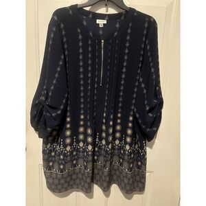Avenue Navy Boho Tunic Top Blouse 3/4 Sleeve‎ Boho Plus Size 2X 22/24 Zip Front